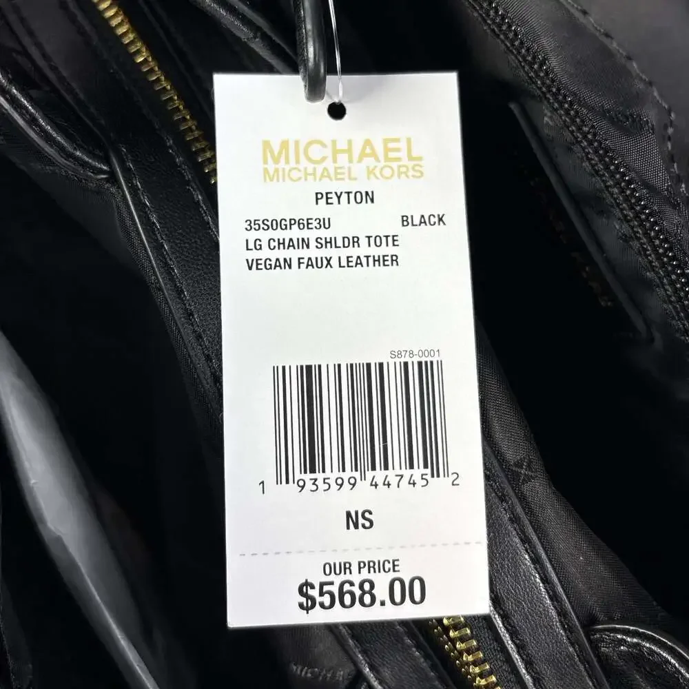 Michael Kors Peyton Black Large Chain Shoulder Tote Quilted Vegan Leather NWT